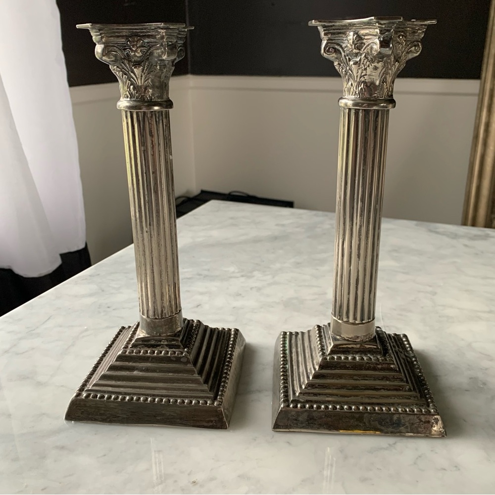 Mid Century Decorative Silver Plate Candlesticks 10” Deco Column Style